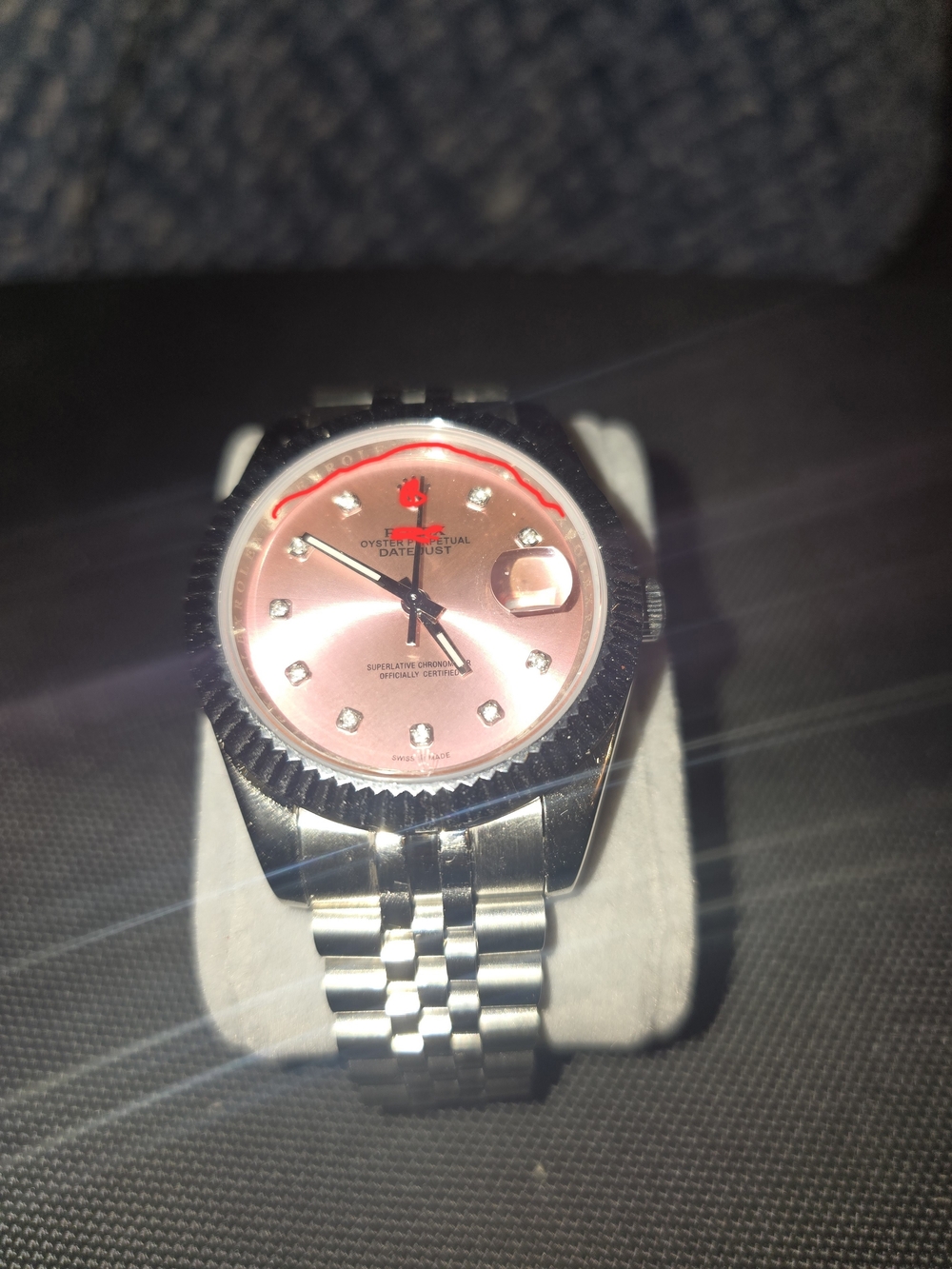 Stainless Steel Men's Datejust-Style Watch with Pink Dial